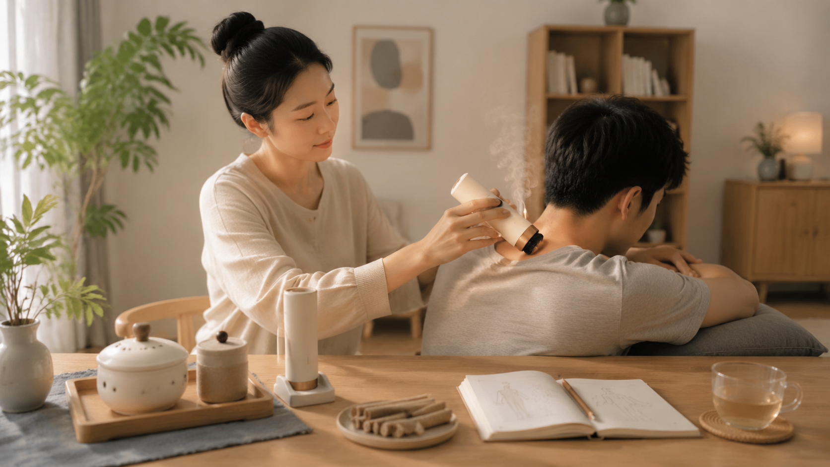现代家庭艾灸保健场景，桌面有现代艾灸工具和记录本水杯