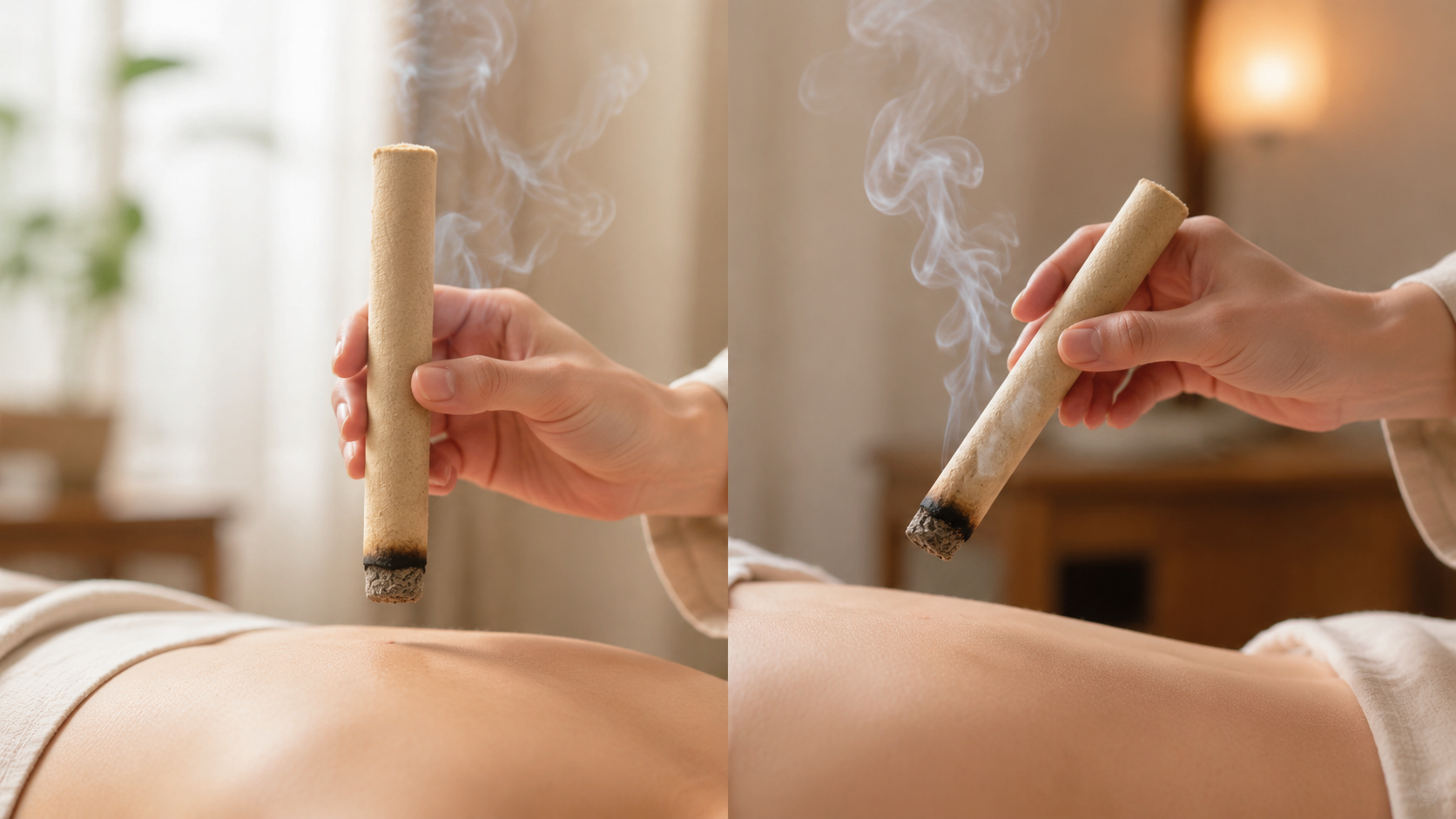 艾条悬灸两种角度对比示意图,分别展示垂直和倾斜两种握持姿势