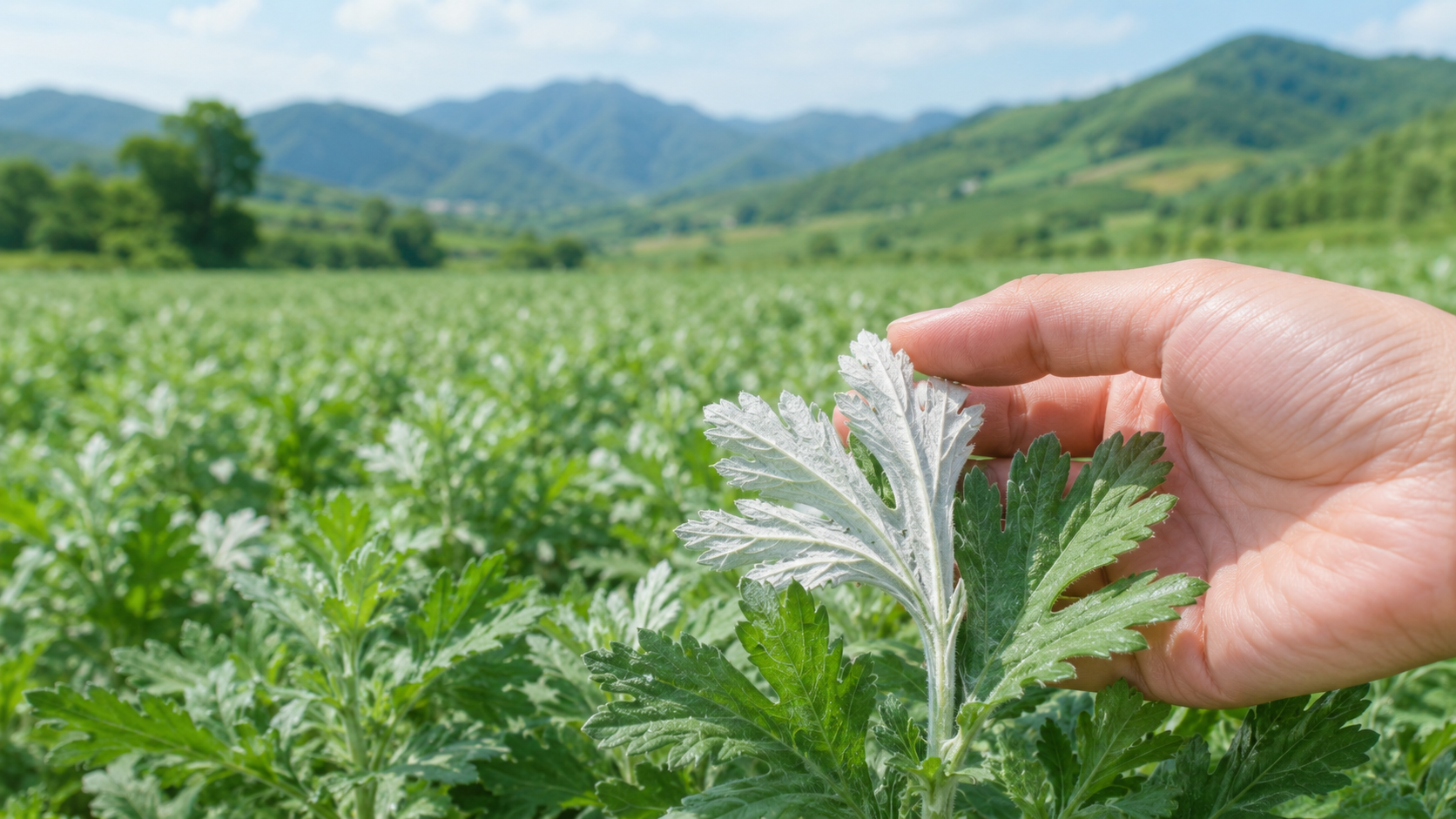 艾草产地辨别桌面,桌面上有空白产地卡和艾草田