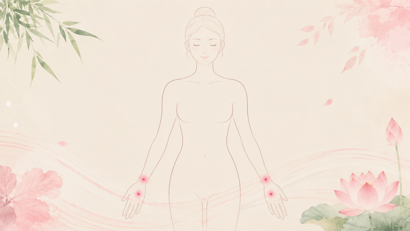 夏季养心常用穴位定位示意，神门穴与内关穴用浅粉圆点柔光标记