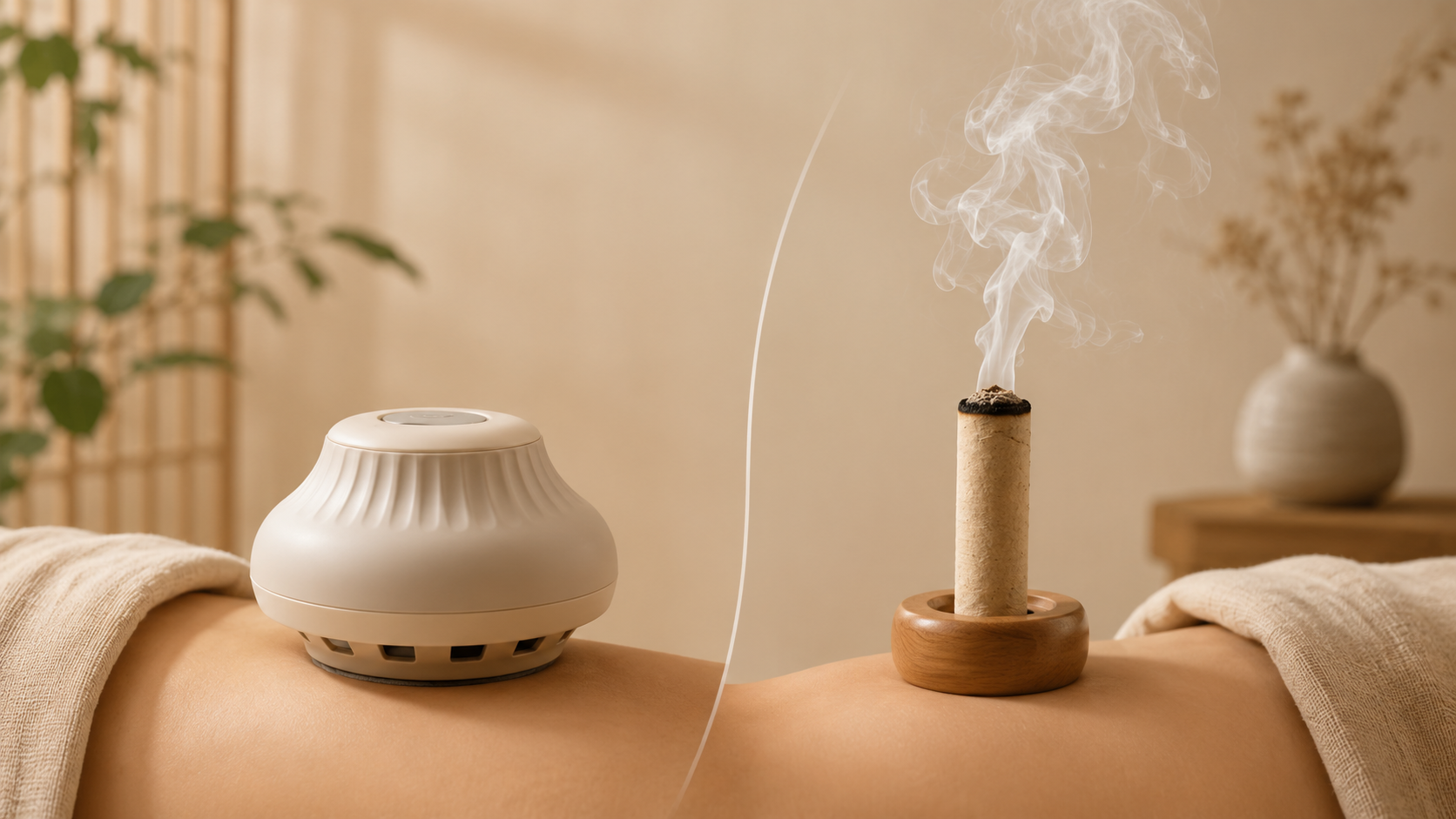 电艾灸仪与传统艾条烟雾对比,左侧电艾灸仪无烟,右侧艾条冒细丝白烟